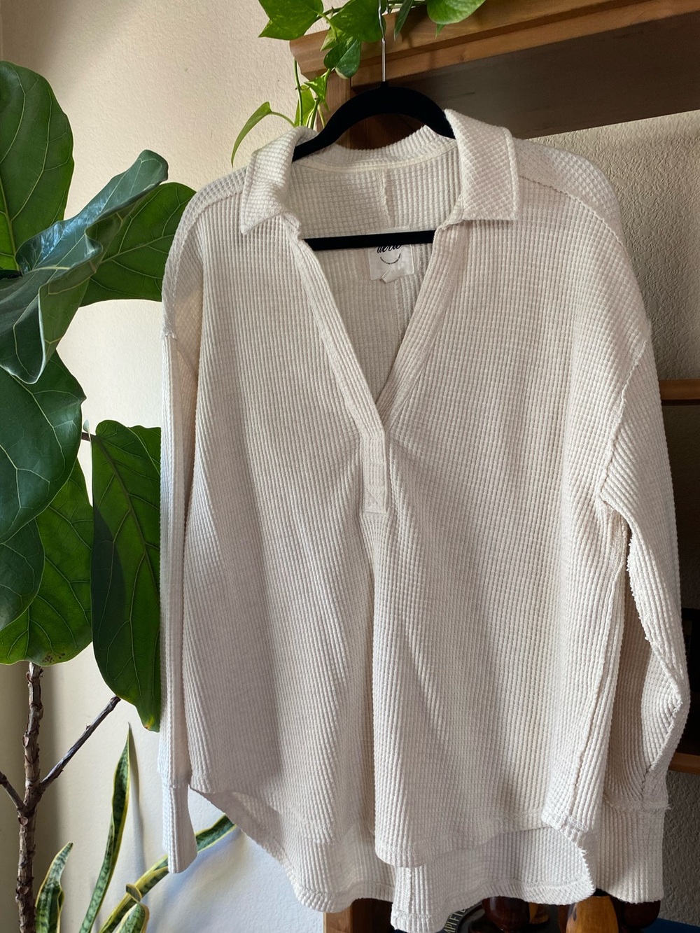 aerie Cream Waffle-Knit V-Neck Collared Sweater